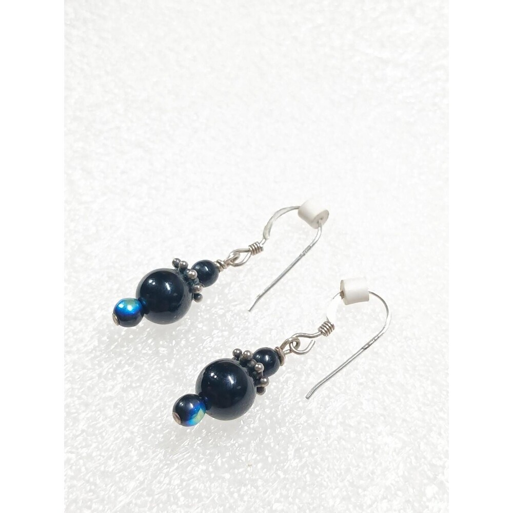 Sterling Silver Black Blue Beaded Artisan Dangle Earrings Minimalist